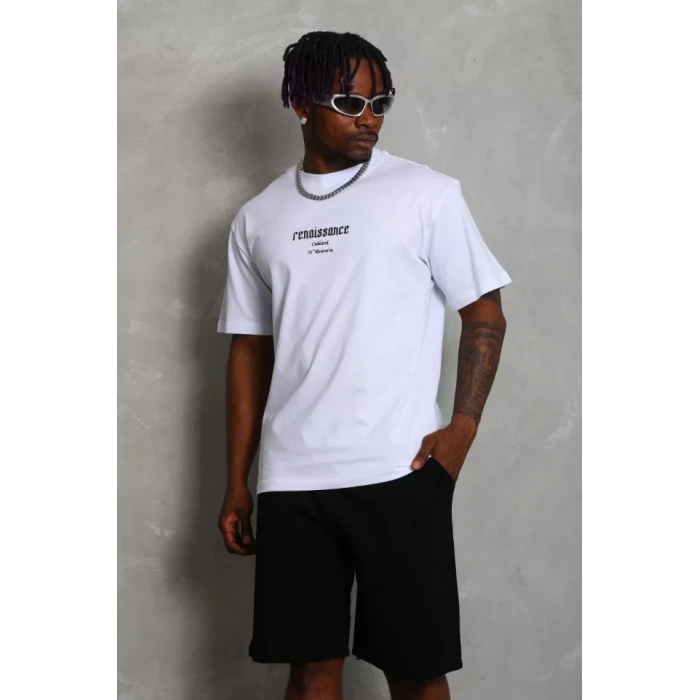 Unisex Oversize Baskılı Bisiklet Yaka Thirt  Beyaz