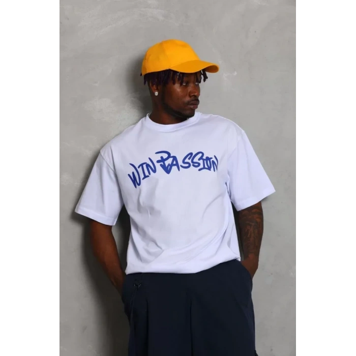 Unisex Oversize Baskılı Bisiklet Yaka Thirt  Beyaz