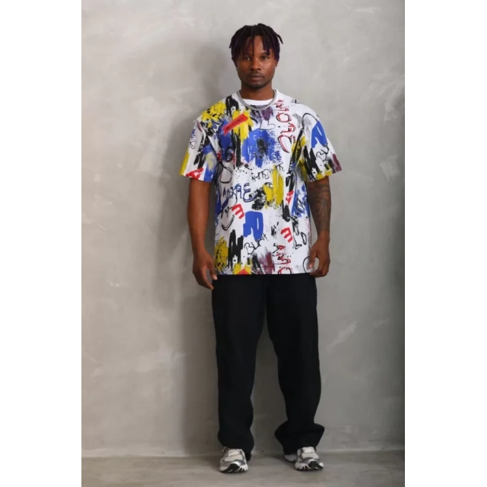 Unisex Oversize Baskılı Bisiklet Yaka Thirt  Beyaz