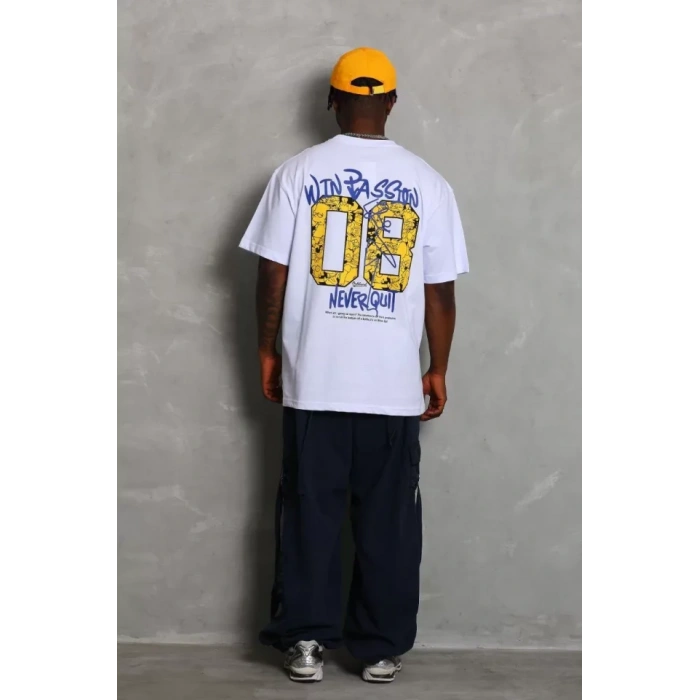 Unisex Oversize Baskılı Bisiklet Yaka Thirt  Beyaz