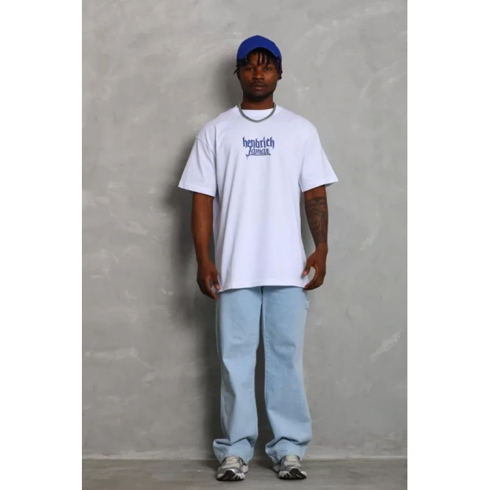 Unisex Oversize Baskılı Bisiklet Yaka Thirt  Beyaz