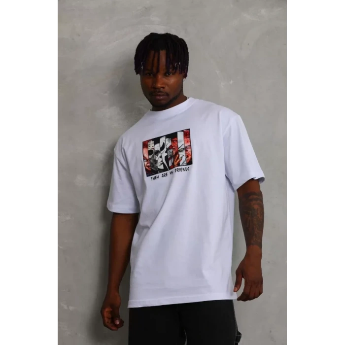 Unisex Oversize Baskılı Bisiklet Yaka Thirt  Beyaz