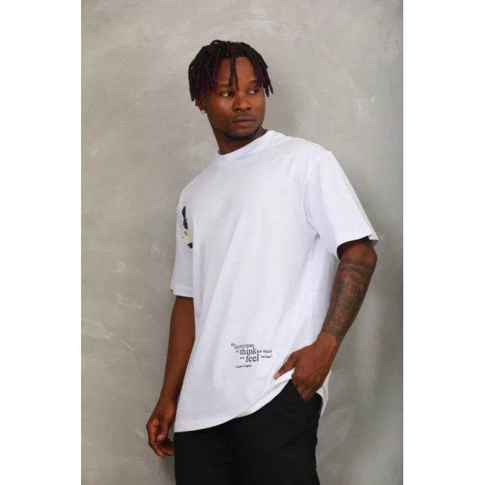 Unisex Oversize Baskılı Bisiklet Yaka Thirt  Beyaz