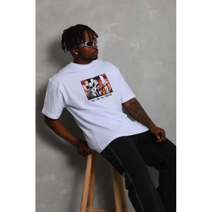 Unisex Oversize Baskılı Bisiklet Yaka Thirt  Beyaz