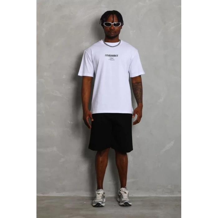 Unisex Oversize Baskılı Bisiklet Yaka Thirt  Beyaz