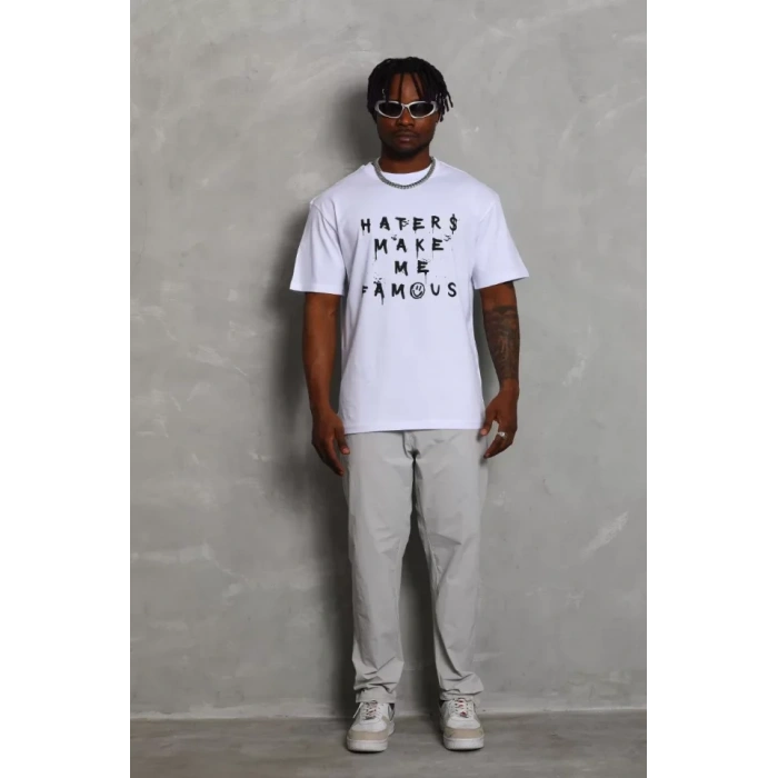 Unisex Oversize Baskılı Bisiklet Yaka Thirt  Beyaz