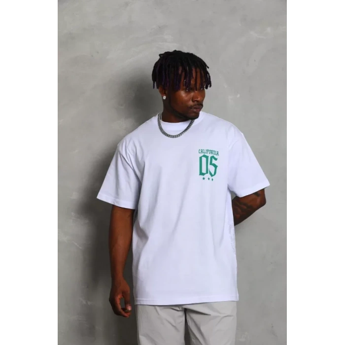 Unisex Oversize Baskılı Bisiklet Yaka Thirt  Beyaz