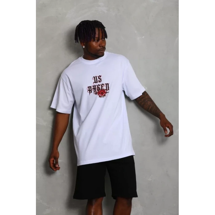 Unisex Oversize Baskılı Bisiklet Yaka Thirt  Beyaz