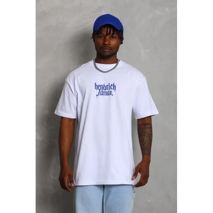 Unisex Oversize Baskılı Bisiklet Yaka Thirt  Beyaz