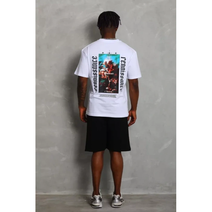 Unisex Oversize Baskılı Bisiklet Yaka Thirt  Beyaz