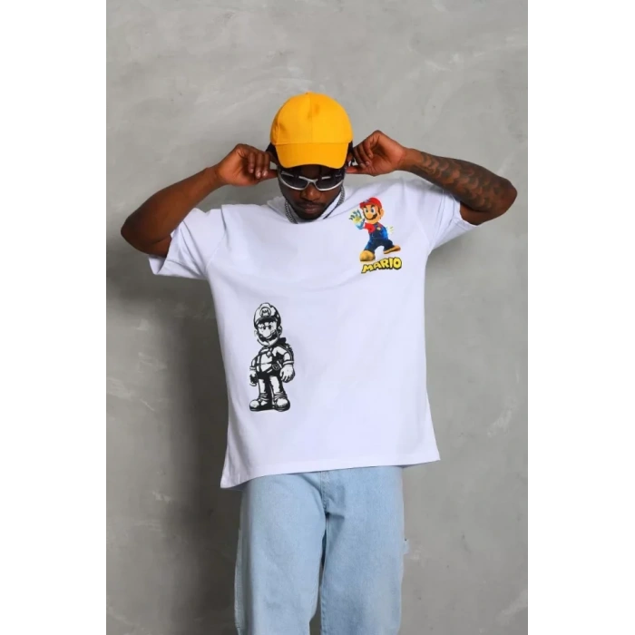 Unisex Oversize Baskılı Bisiklet Yaka Thirt  Beyaz