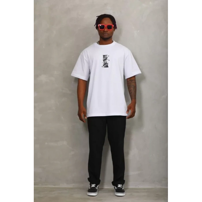 Unisex Oversize Baskılı Bisiklet Yaka Thirt  Beyaz