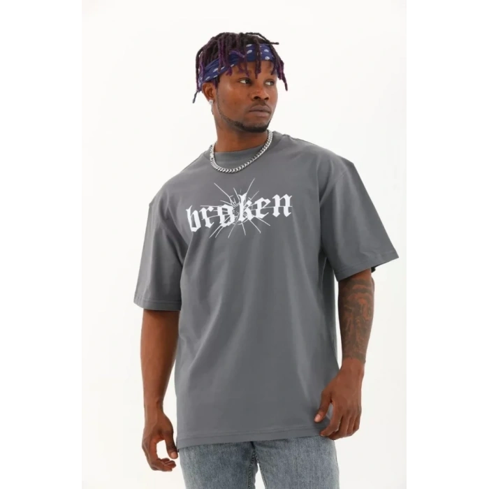 Unisex Oversize Baskılı Bisiklet Yaka Thirt  Füme