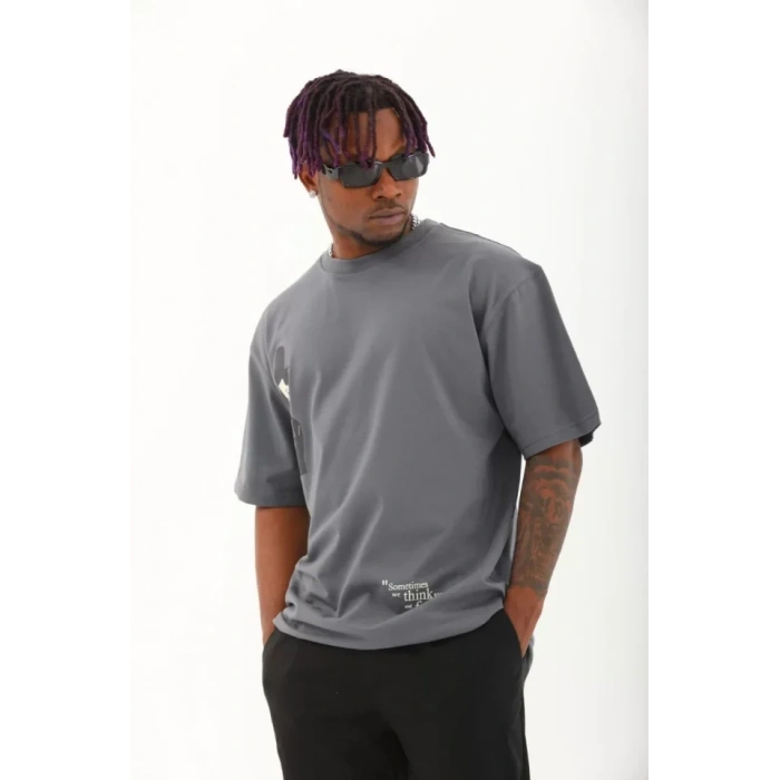 Unisex Oversize Baskılı Bisiklet Yaka Thirt  Füme