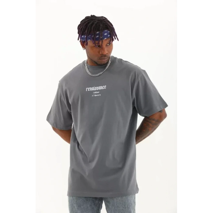 Unisex Oversize Baskılı Bisiklet Yaka Thirt  Füme