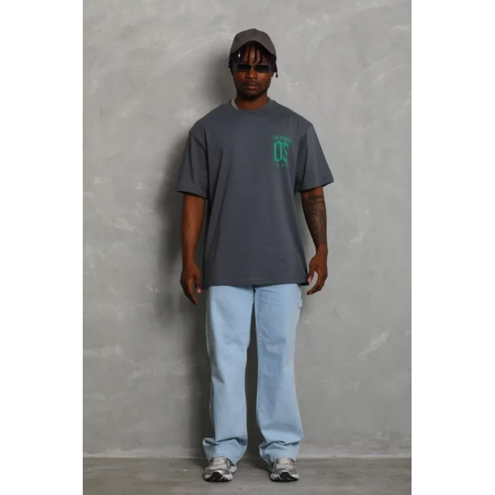 Unisex Oversize Baskılı Bisiklet Yaka Thirt  Füme