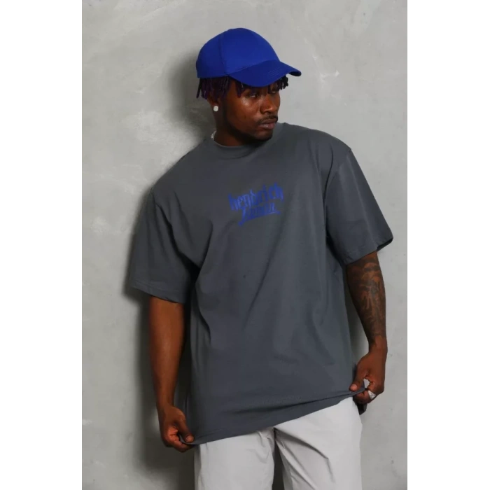 Unisex Oversize Baskılı Bisiklet Yaka Thirt  Füme