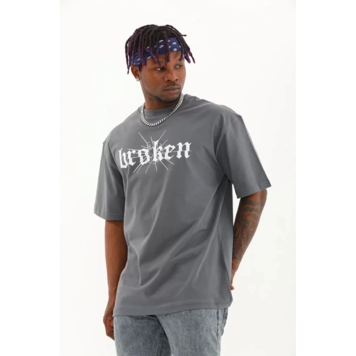 Unisex Oversize Baskılı Bisiklet Yaka Thirt  Füme