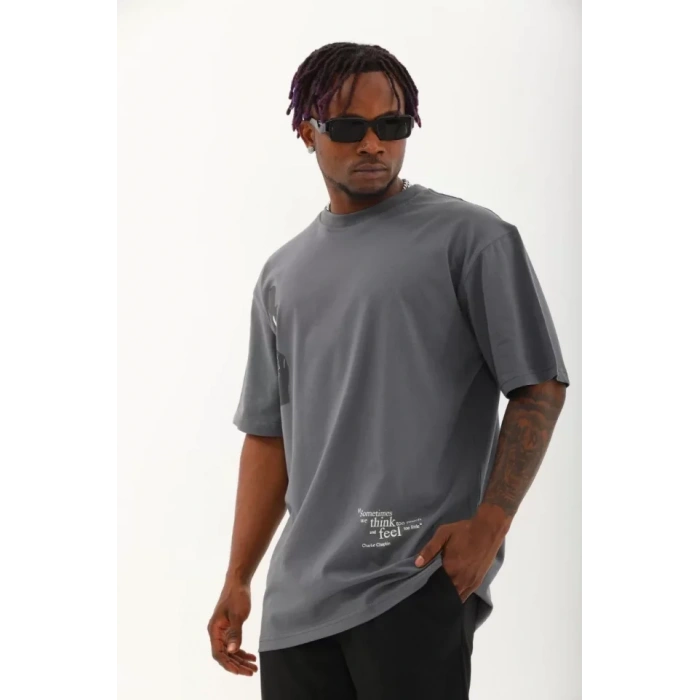 Unisex Oversize Baskılı Bisiklet Yaka Thirt  Füme