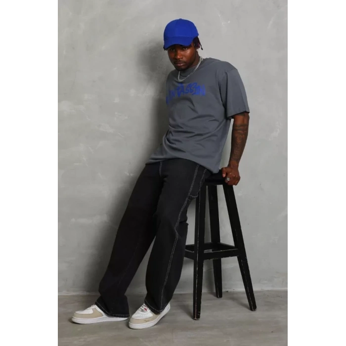 Unisex Oversize Baskılı Bisiklet Yaka Thirt  Füme