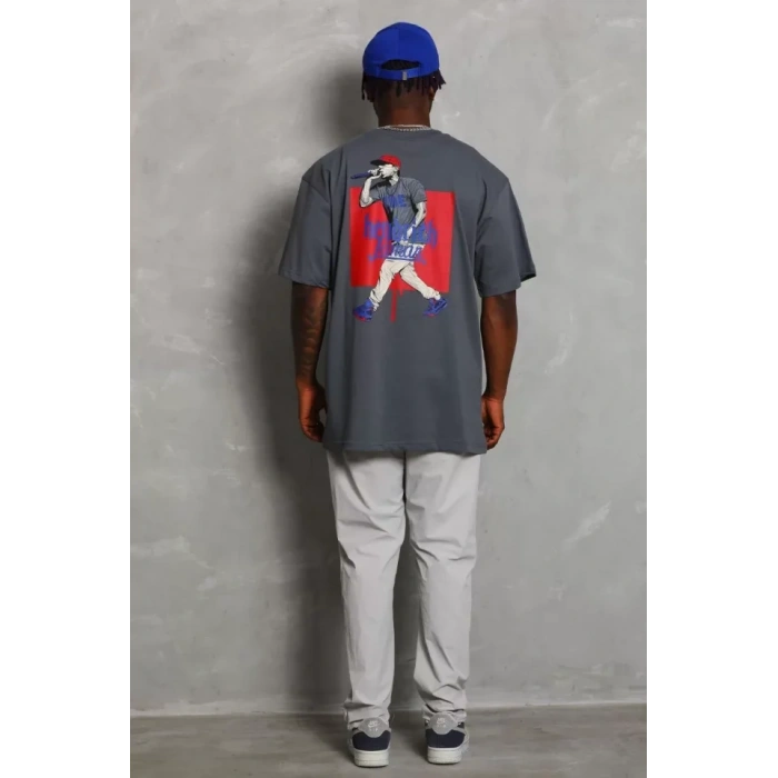 Unisex Oversize Baskılı Bisiklet Yaka Thirt  Füme