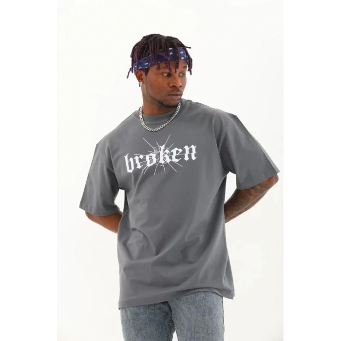 Unisex Oversize Baskılı Bisiklet Yaka Thirt  Füme