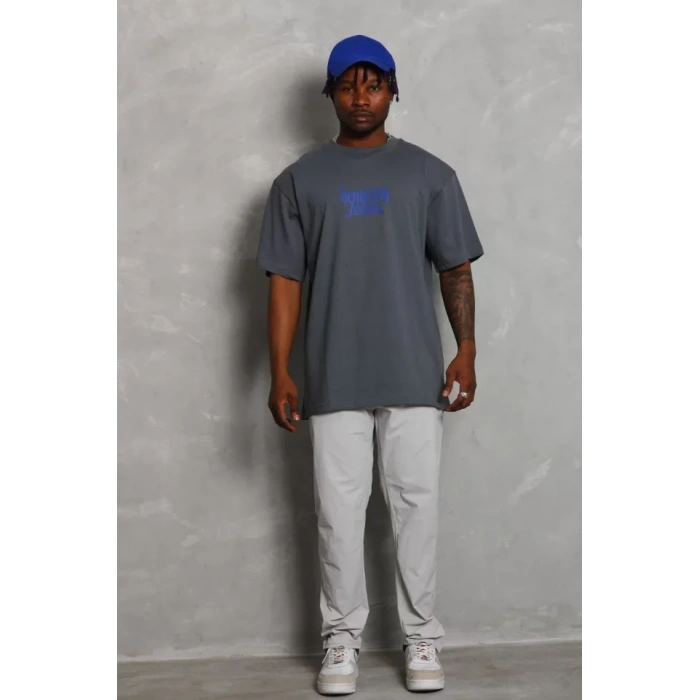 Unisex Oversize Baskılı Bisiklet Yaka Thirt  Füme