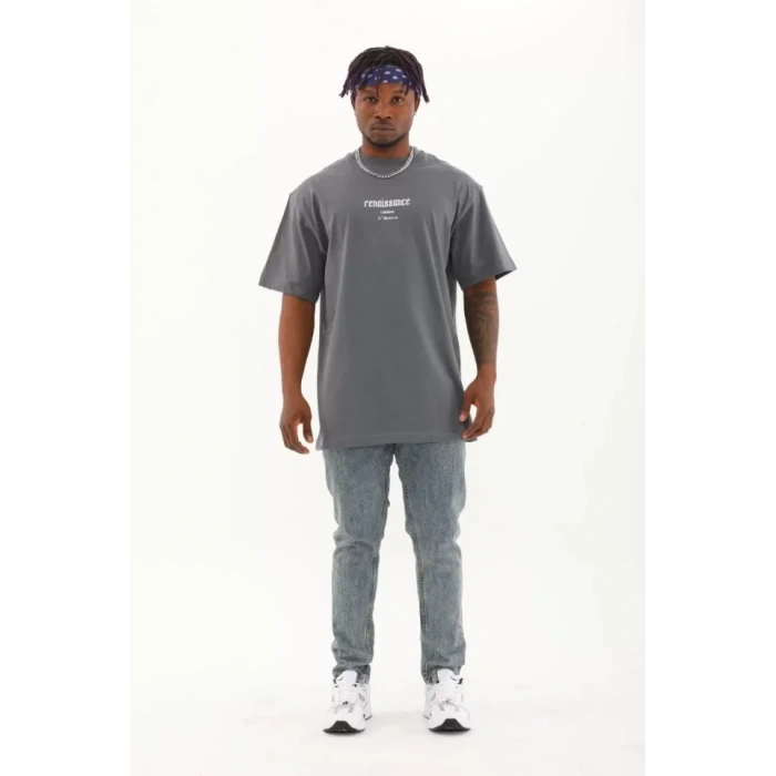 Unisex Oversize Baskılı Bisiklet Yaka Thirt  Füme