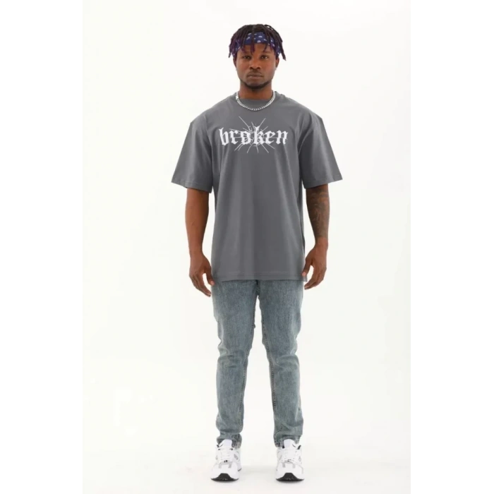 Unisex Oversize Baskılı Bisiklet Yaka Thirt  Füme