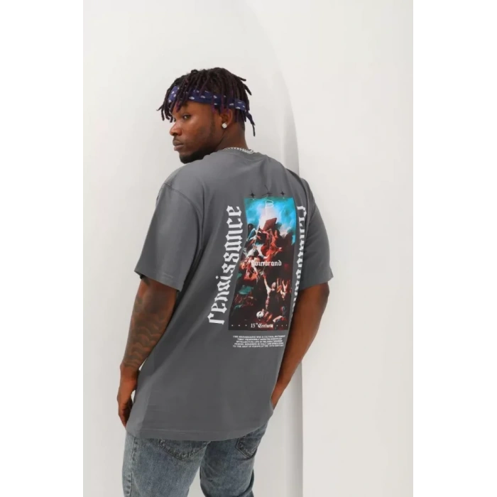 Unisex Oversize Baskılı Bisiklet Yaka Thirt  Füme