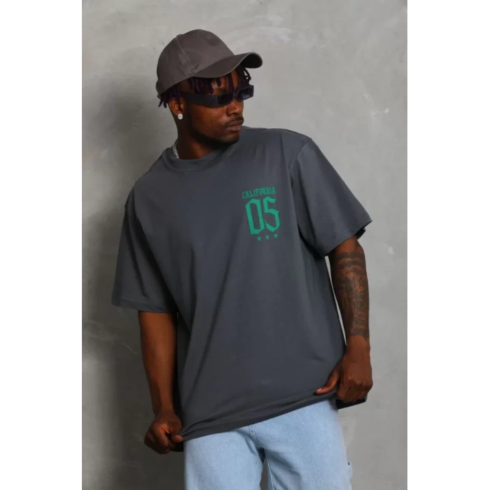 Unisex Oversize Baskılı Bisiklet Yaka Thirt  Füme