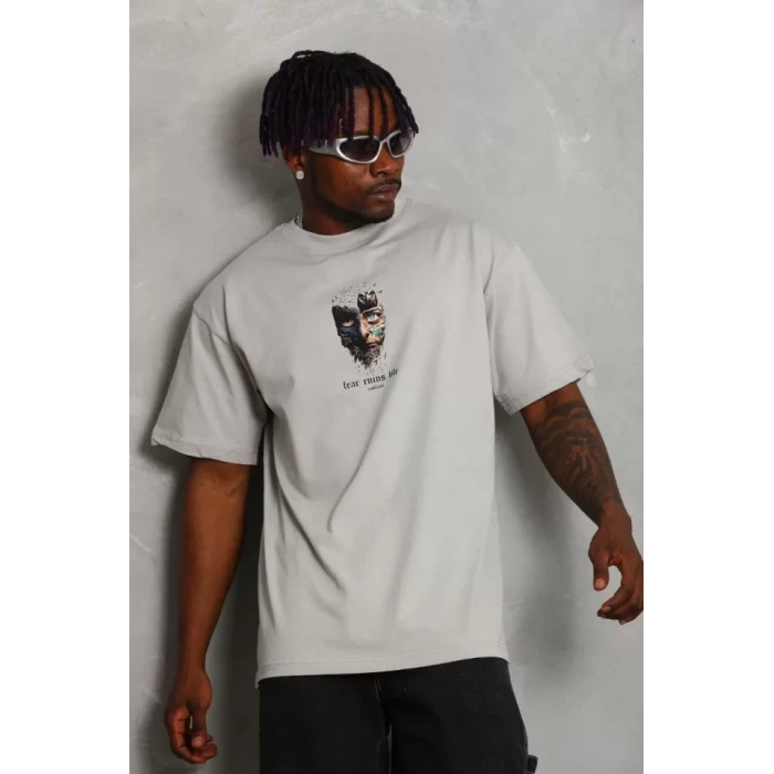 Unisex Oversize Baskılı Bisiklet Yaka Thirt  Gri