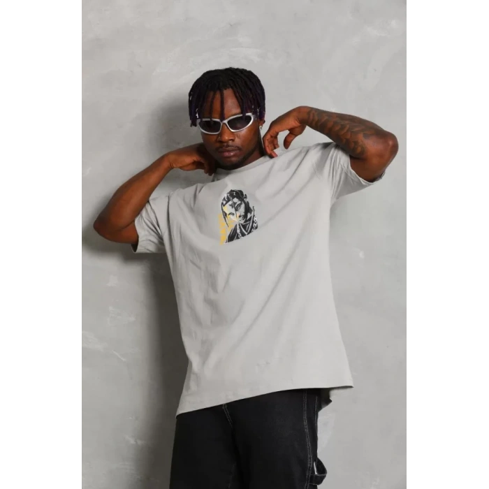 Unisex Oversize Baskılı Bisiklet Yaka Thirt  Gri