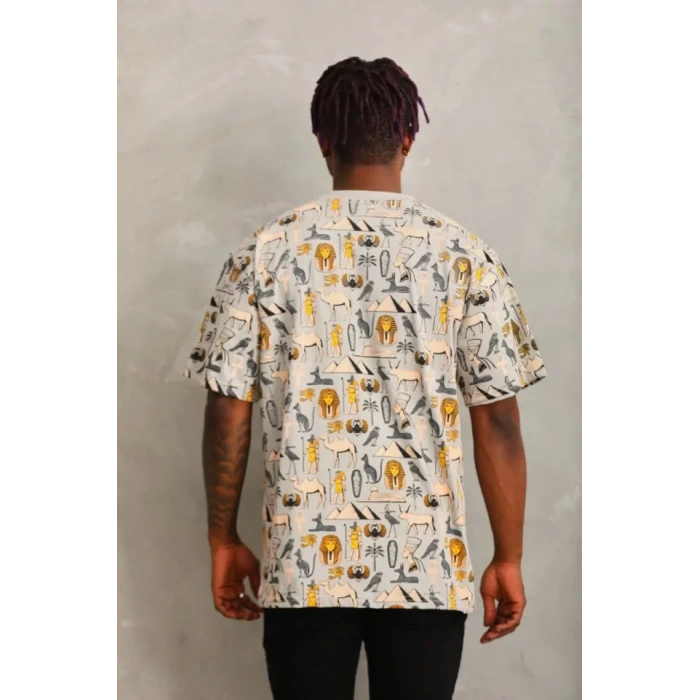 Unisex Oversize Baskılı Bisiklet Yaka Thirt  Gri