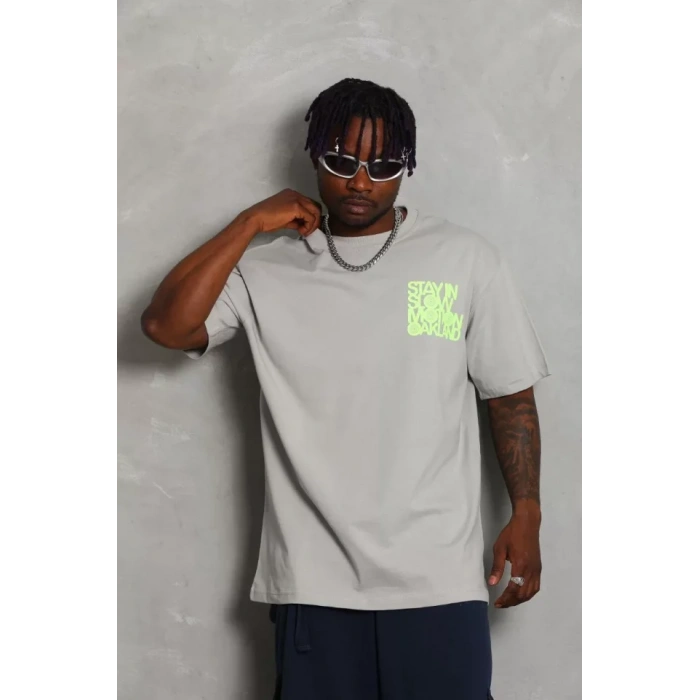 Unisex Oversize Baskılı Bisiklet Yaka Thirt  Gri