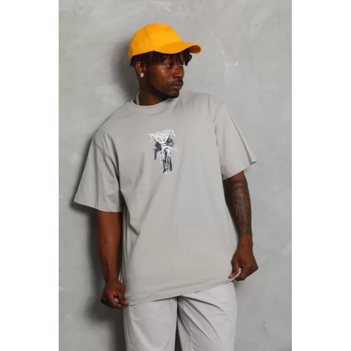 Unisex Oversize Baskılı Bisiklet Yaka Thirt  Gri