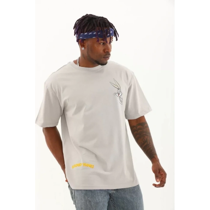 Unisex Oversize Baskılı Bisiklet Yaka Thirt  Gri