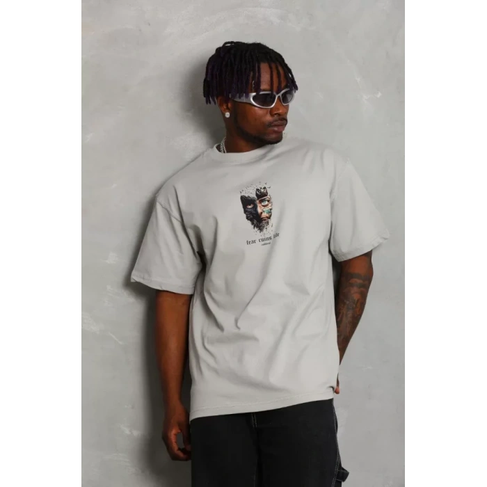 Unisex Oversize Baskılı Bisiklet Yaka Thirt  Gri