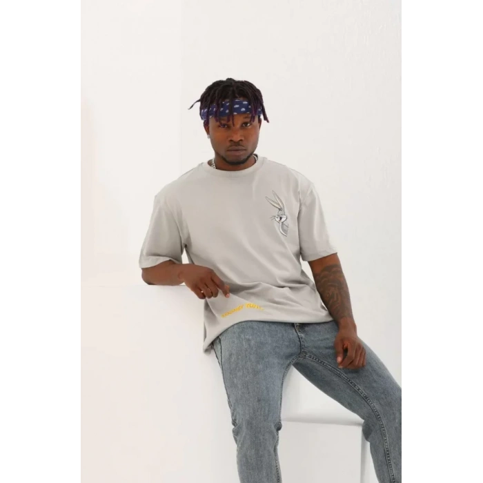 Unisex Oversize Baskılı Bisiklet Yaka Thirt  Gri