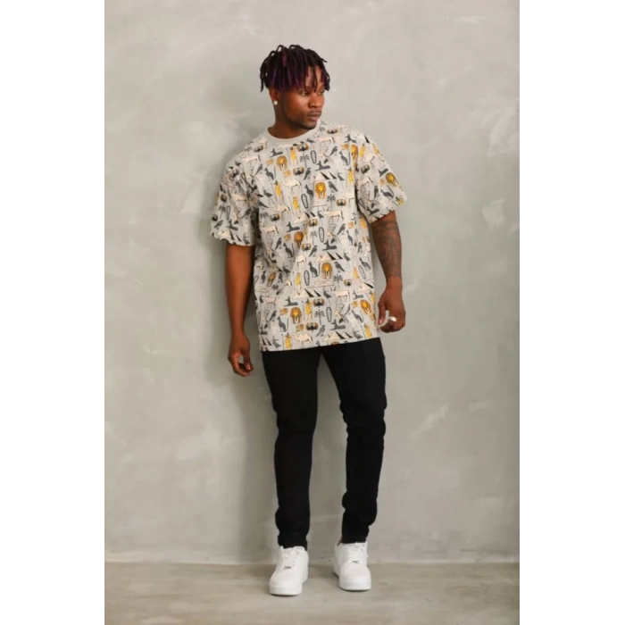 Unisex Oversize Baskılı Bisiklet Yaka Thirt  Gri