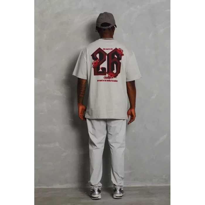 Unisex Oversize Baskılı Bisiklet Yaka Thirt  Gri