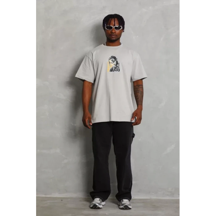 Unisex Oversize Baskılı Bisiklet Yaka Thirt  Gri