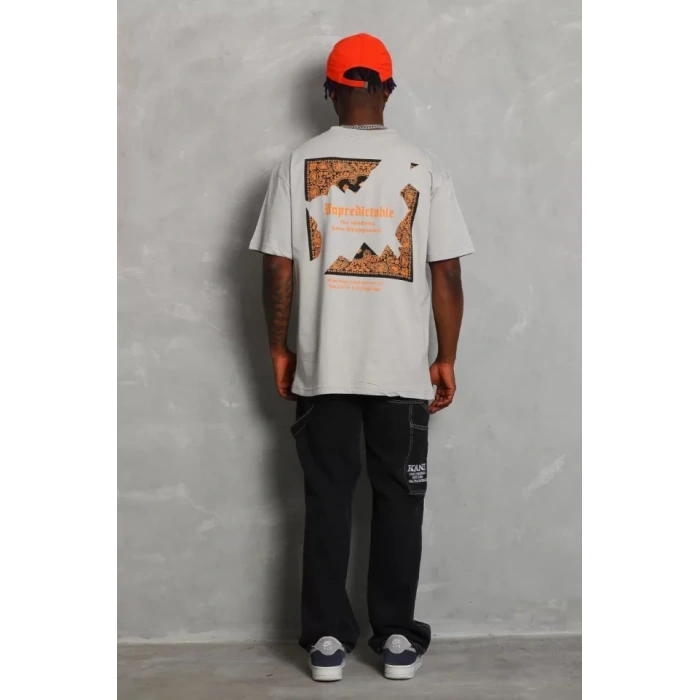 Unisex Oversize Baskılı Bisiklet Yaka Thirt  Gri