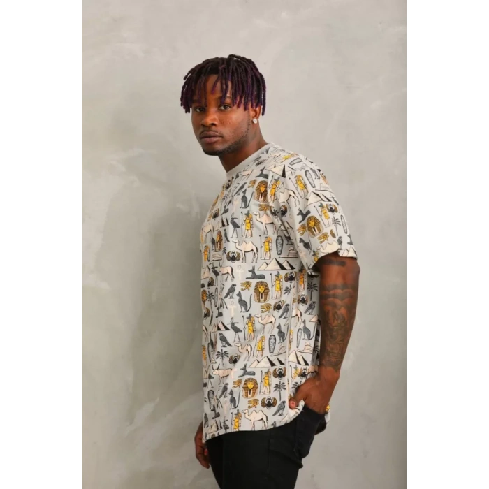 Unisex Oversize Baskılı Bisiklet Yaka Thirt  Gri