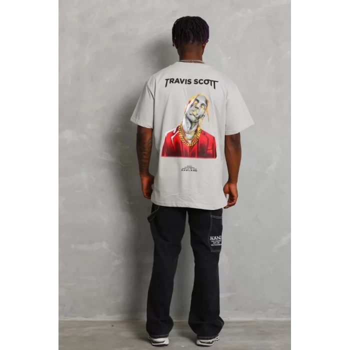 Unisex Oversize Baskılı Bisiklet Yaka Thirt  Gri