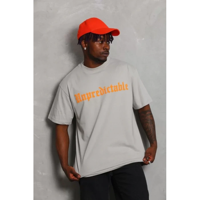 Unisex Oversize Baskılı Bisiklet Yaka Thirt  Gri