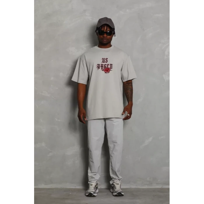 Unisex Oversize Baskılı Bisiklet Yaka Thirt  Gri