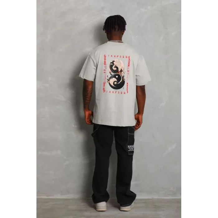 Unisex Oversize Baskılı Bisiklet Yaka Thirt  Gri