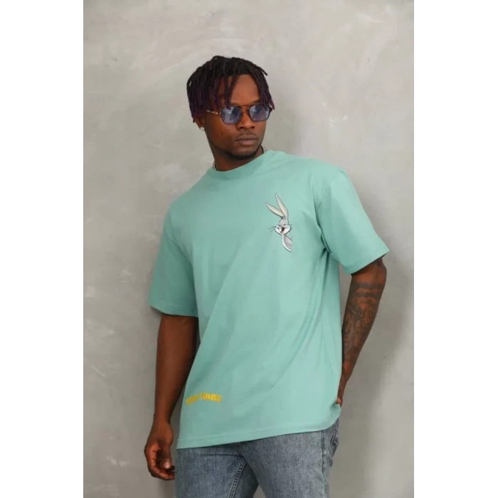 Unisex Oversize Baskılı Bisiklet Yaka Thirt  int Yeşili