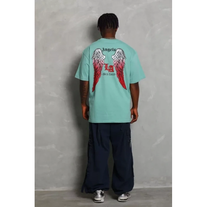 Unisex Oversize Baskılı Bisiklet Yaka Thirt  int Yeşili